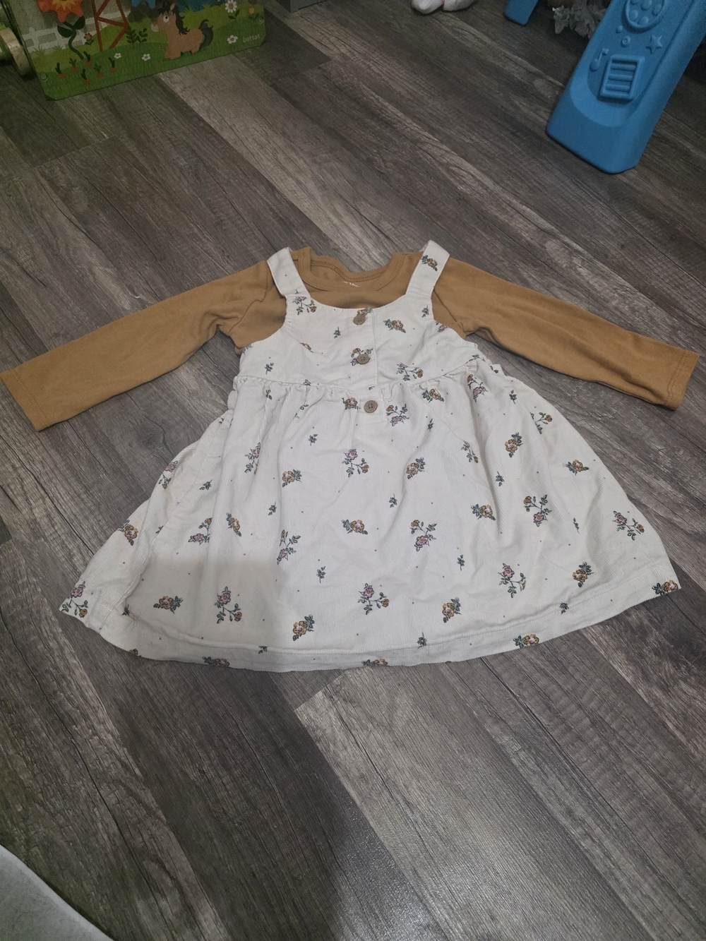 Carter's White Floral Pinafore Dress with Mustard Long-Sleeve Onesie